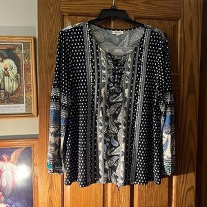 Black, white, blue and green print shirt. Fun w/ jeans.